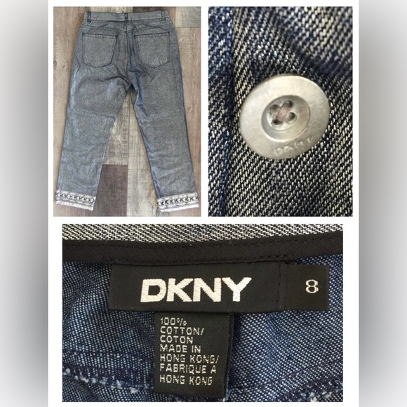 womens DKNY silver metallic denim jeans / pants with trim embellished hem sz 8 - Picture 2 of 4
